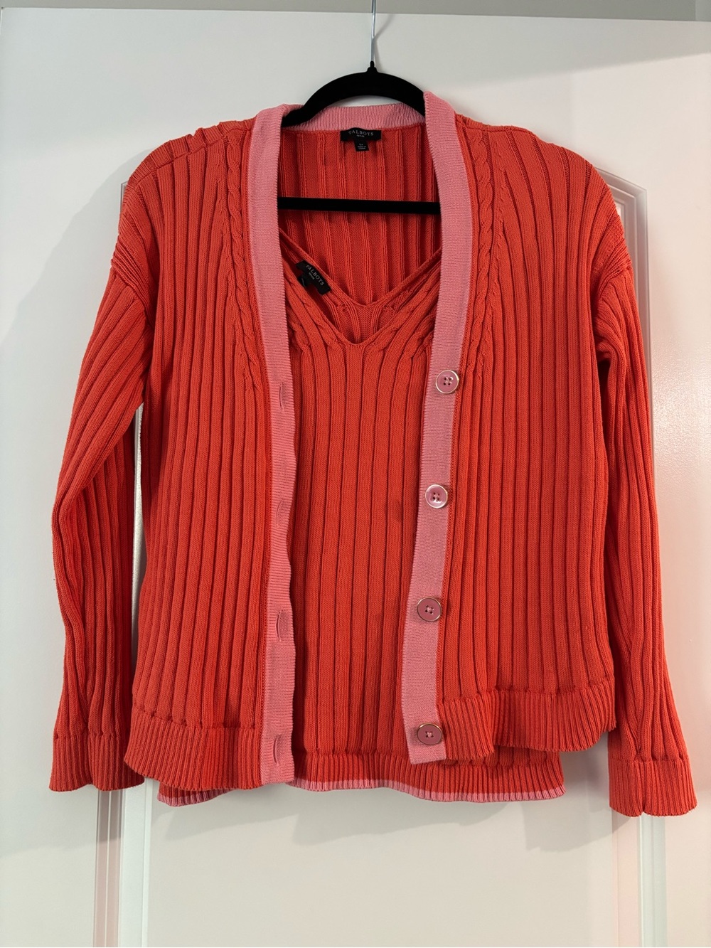 Talbots Coral and Pink Ribbed Tipped Cardigan Set